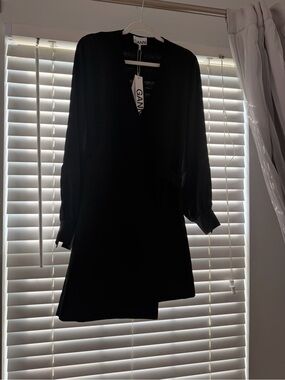 GANNI Black Long-Sleeve V-Neck Wrap Dress